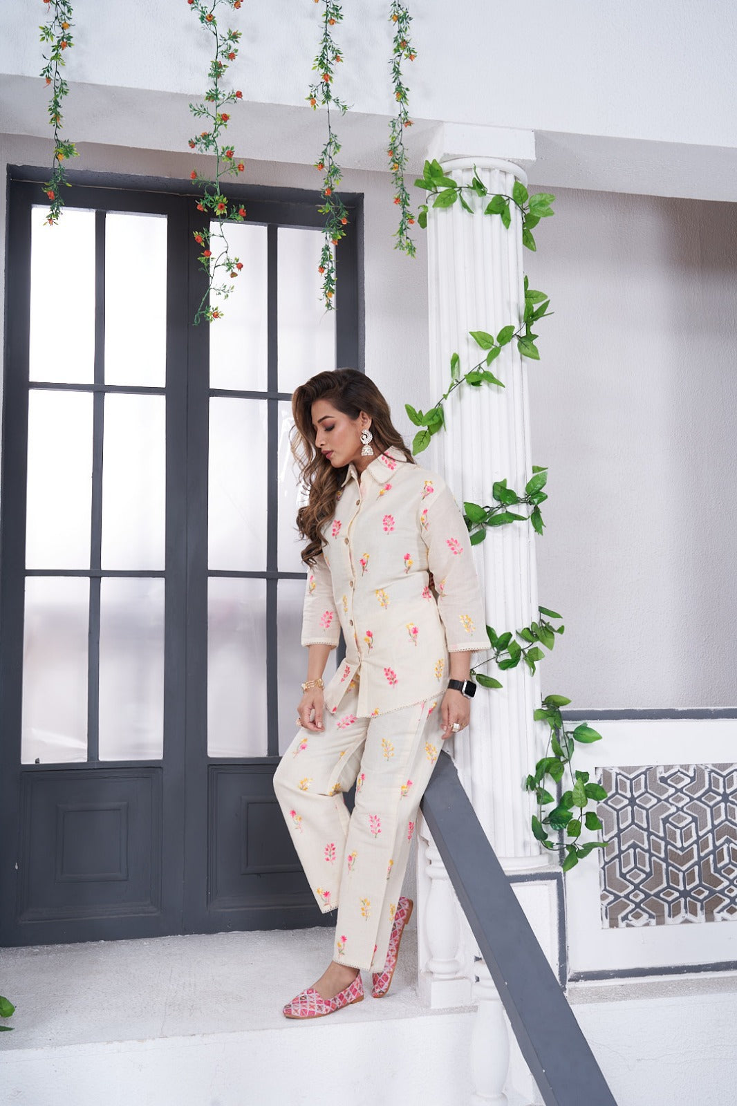 Ivory Khadi Cotton Co-Ord Set with Floral Thread Work