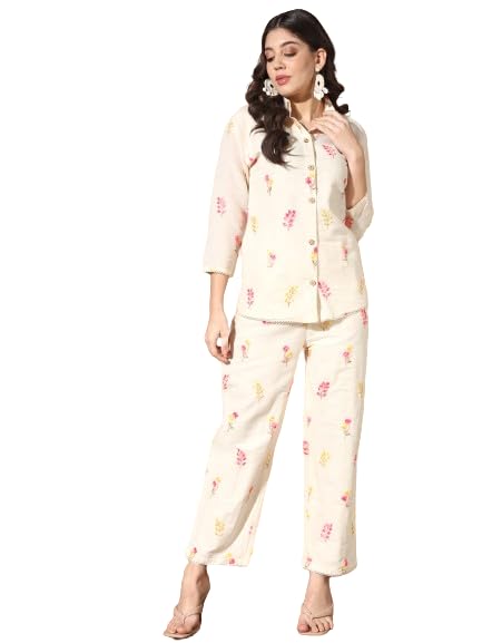Minimal Floral Handcrafted Khadi Cotton Co-Ord Set – Ivory