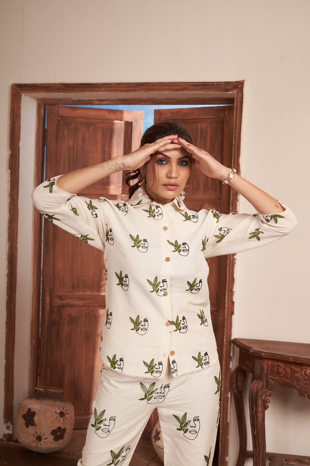 Ivory Khadi Cotton Co-Ord Set with Artistic Thread Work