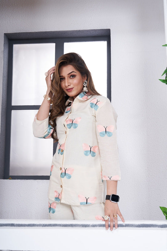 Butterfly Motif Handcrafted Khadi Cotton Co-Ord Set – Ivory
